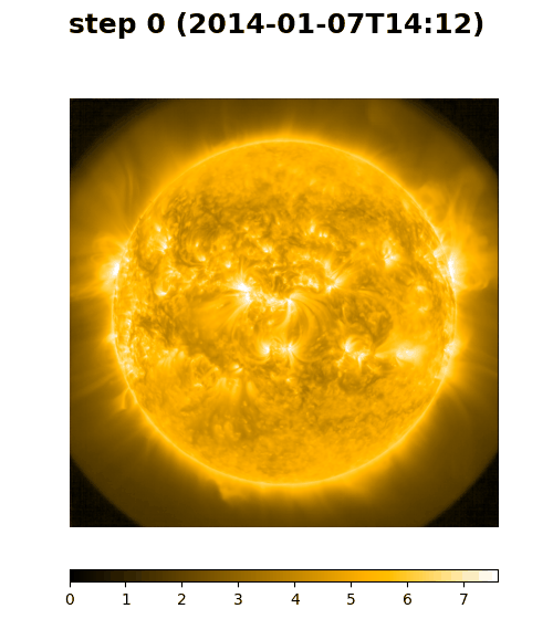Animated rollout of Surya forecasting the Sun in AIA 171 ångström, stepping forward in time